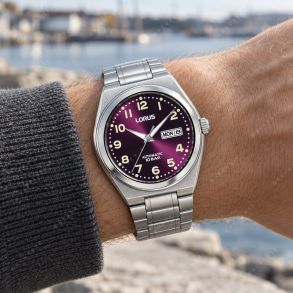 Lorus Mens Steel Purple Sunray Day-Date Automatic 41mm