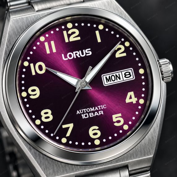 Lorus Mens Steel Purple Sunray Day-Date Automatic 41mm